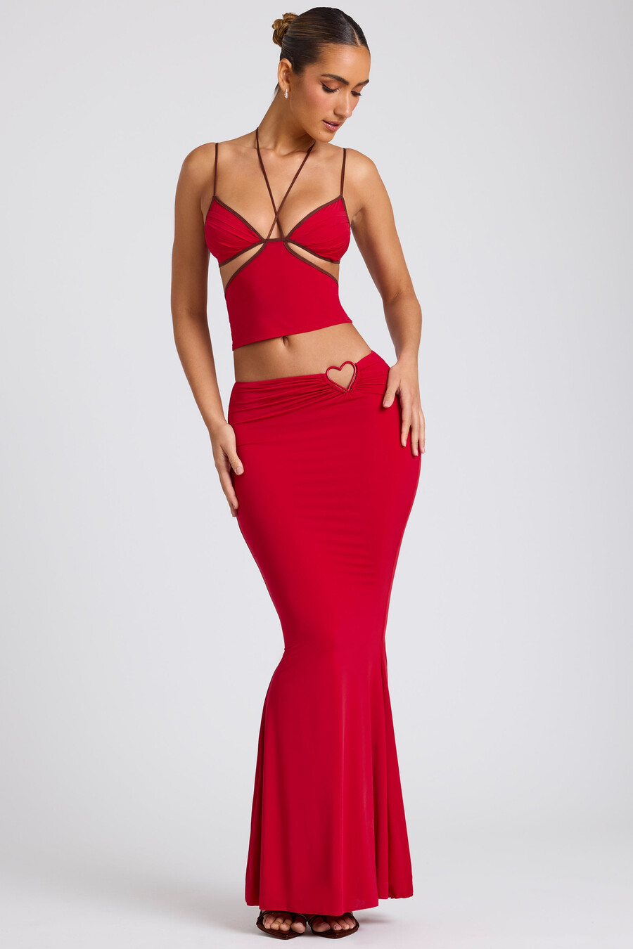 maxi rok met middelhoge taille in vuurrood