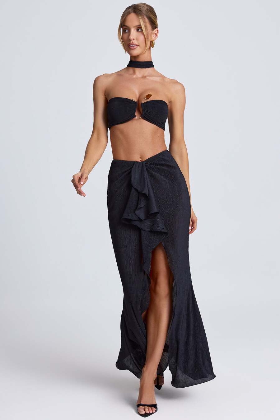 maxi-rok met ruches in zwart