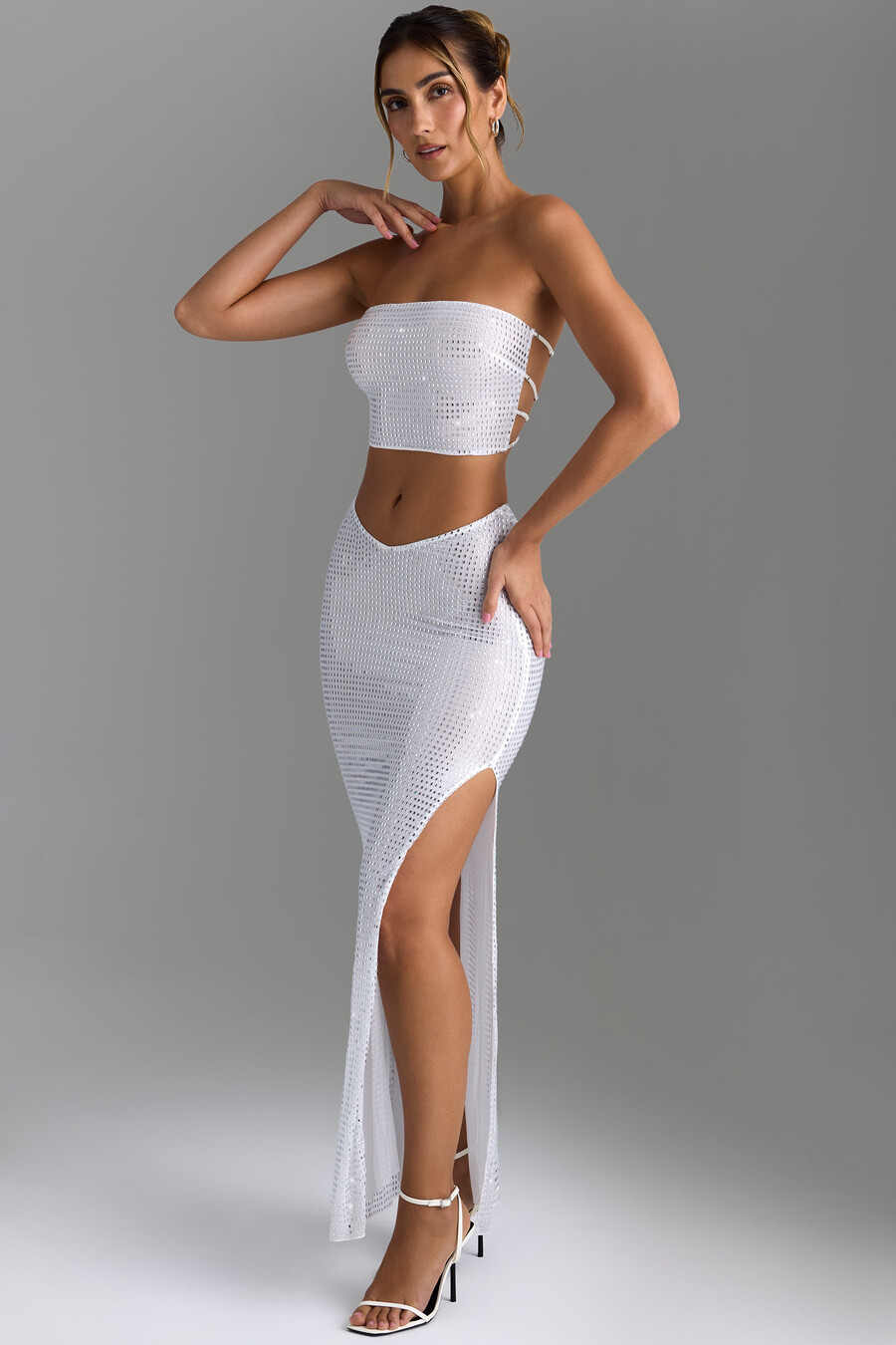 versierde maxi-rok met v-vormige taille in wit