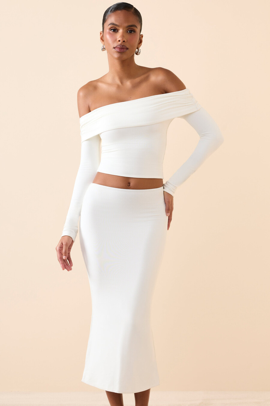 midaxi rok van modal met middelhoge taille in wit