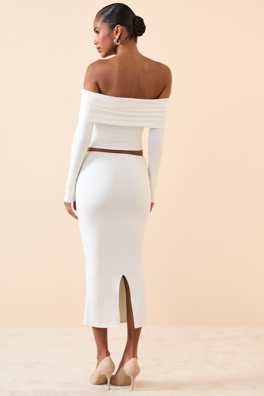 midaxi rok van modal met middelhoge taille in wit
