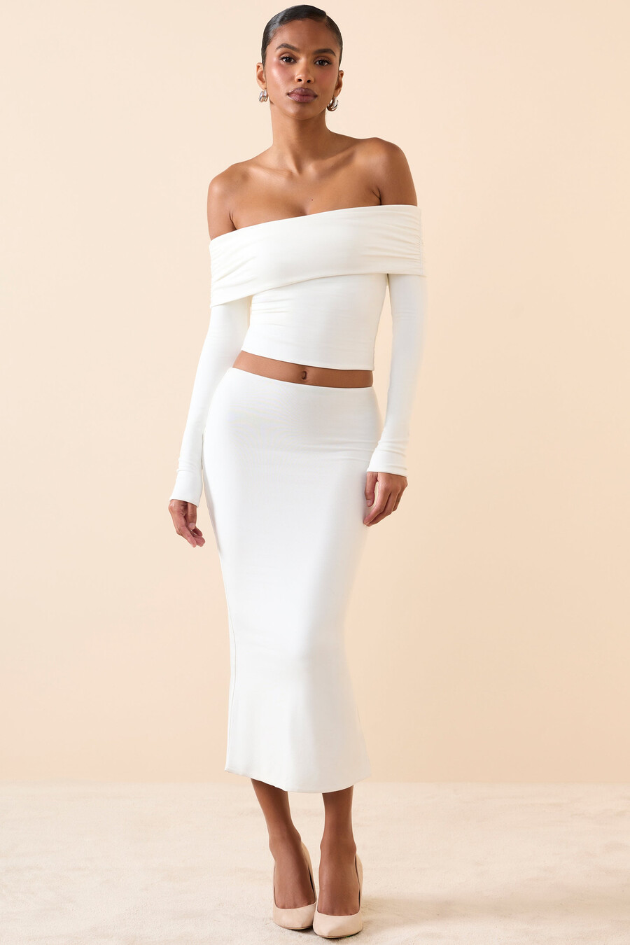 midaxi rok van modal met middelhoge taille in wit