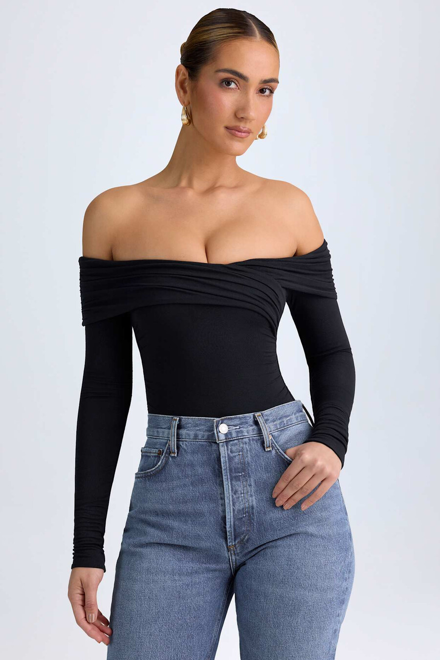 modal off-shoulder bodysuit met ruches in zwart