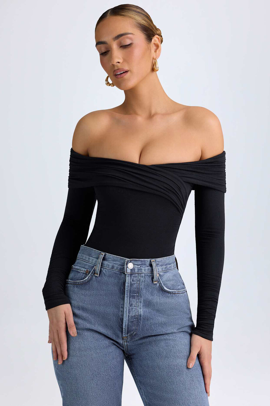 modal off-shoulder bodysuit met ruches in zwart