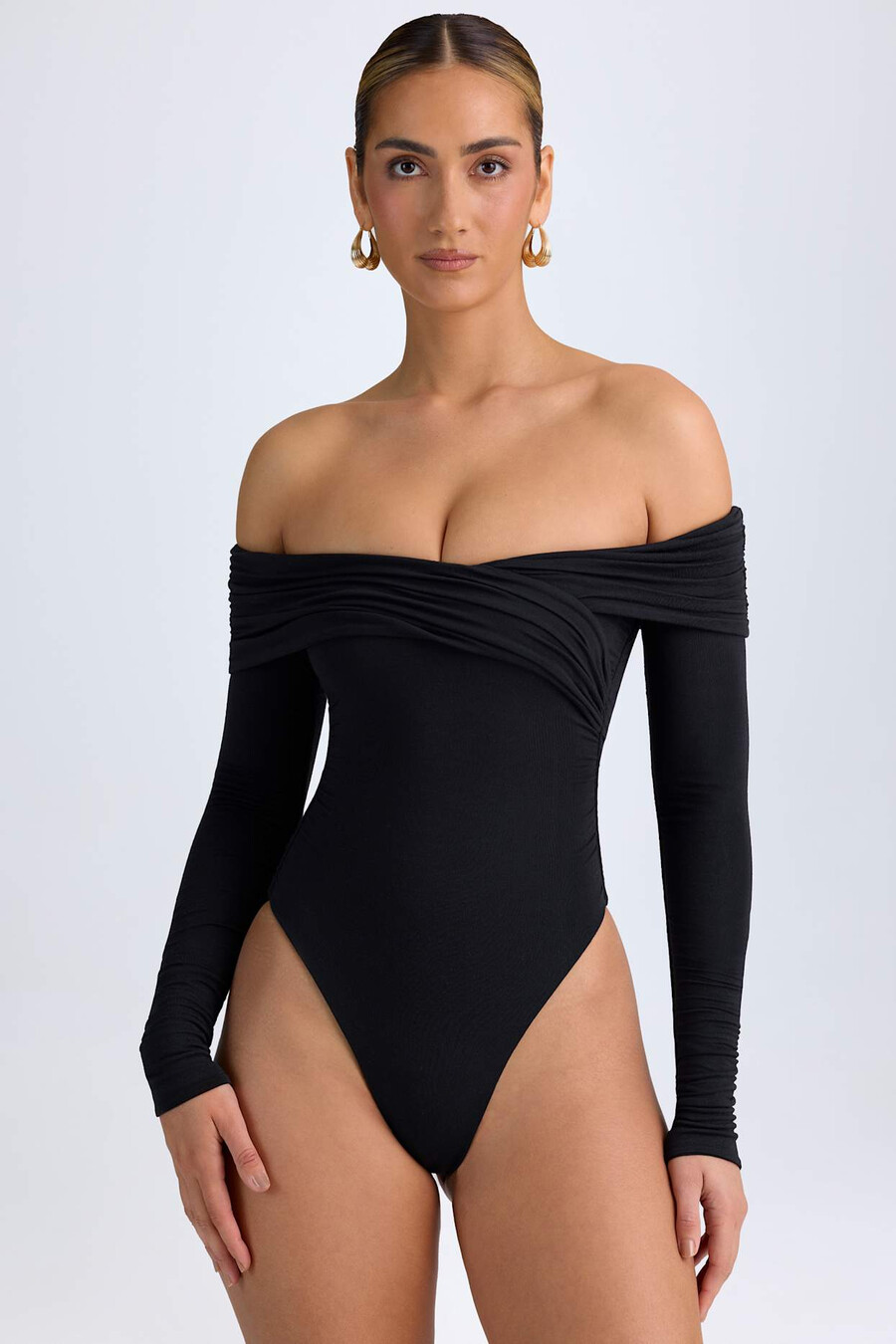 modal off-shoulder bodysuit met ruches in zwart