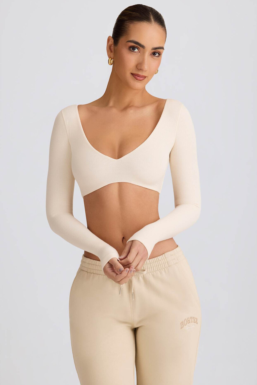 geribbelde modal crop top met lange mouwen in ecru