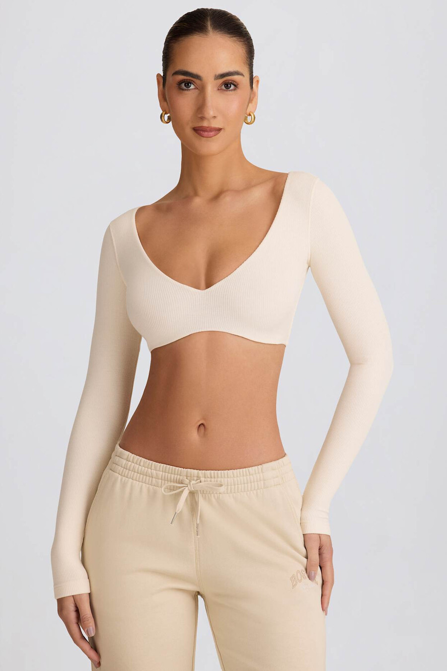 geribbelde modal crop top met lange mouwen in ecru