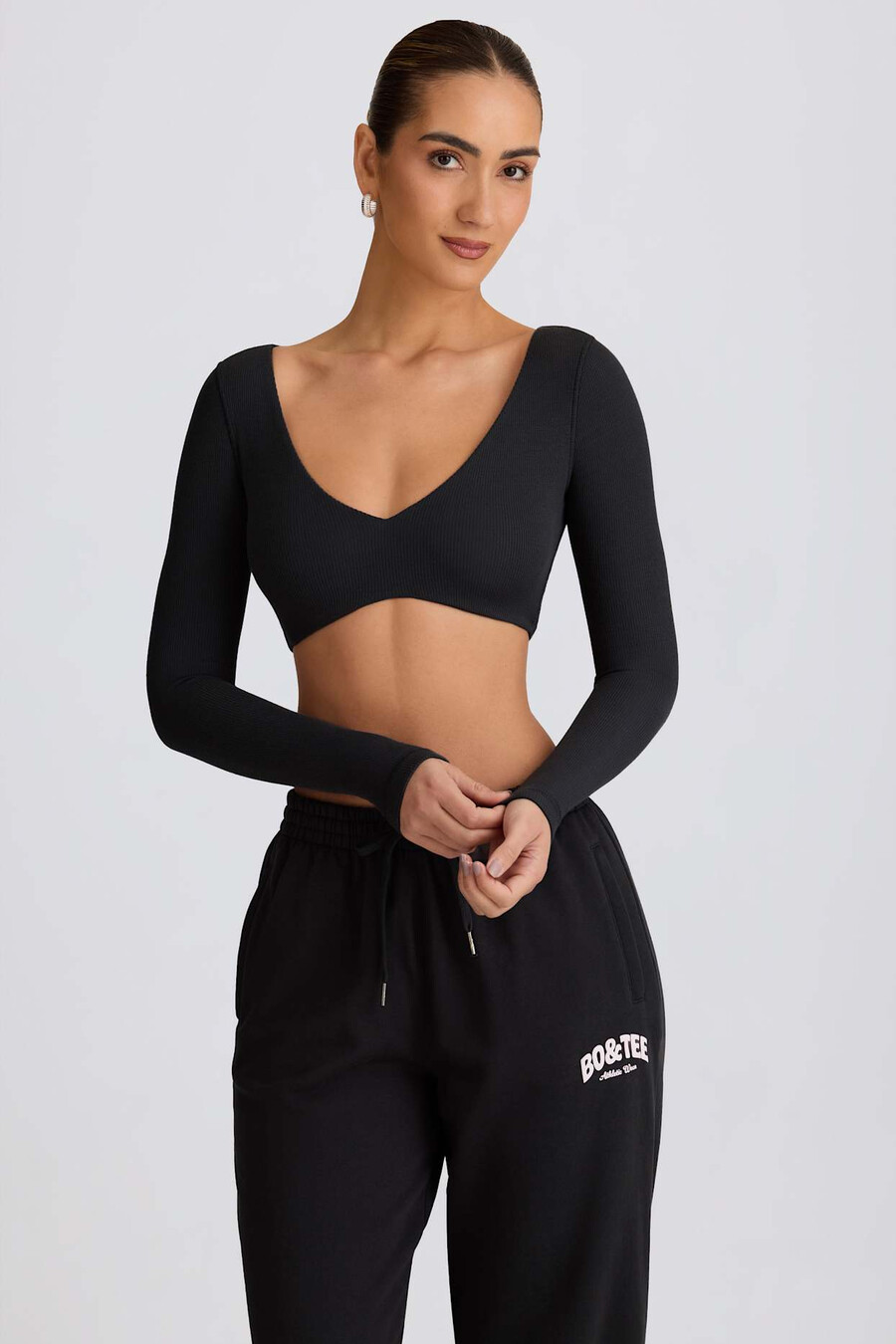 geribbelde modal crop top met lange mouwen in zwart