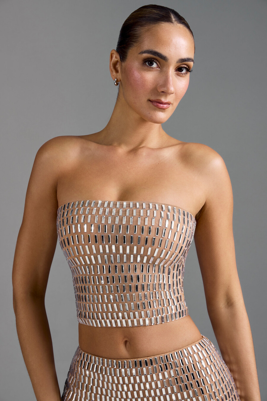 versierde bandeau-top in amandelkleur