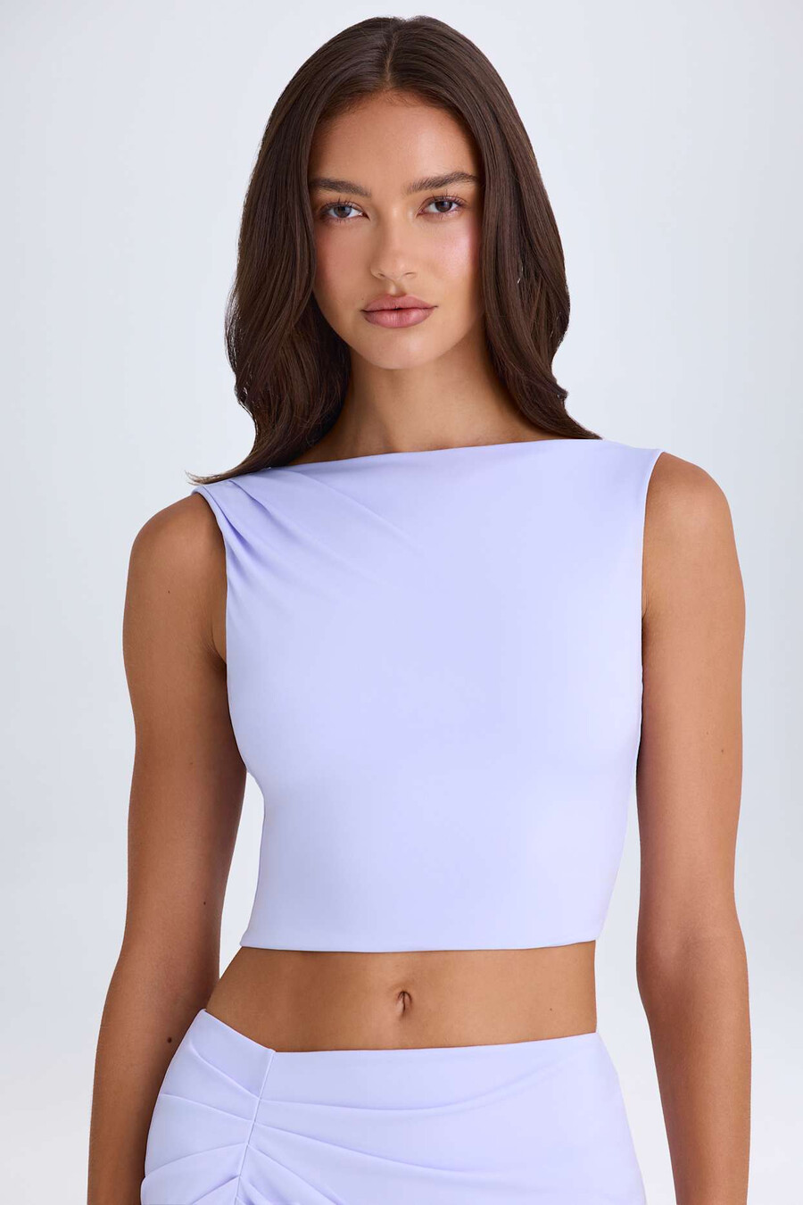 gedrapeerde tanktop met open rug in zacht lila.
