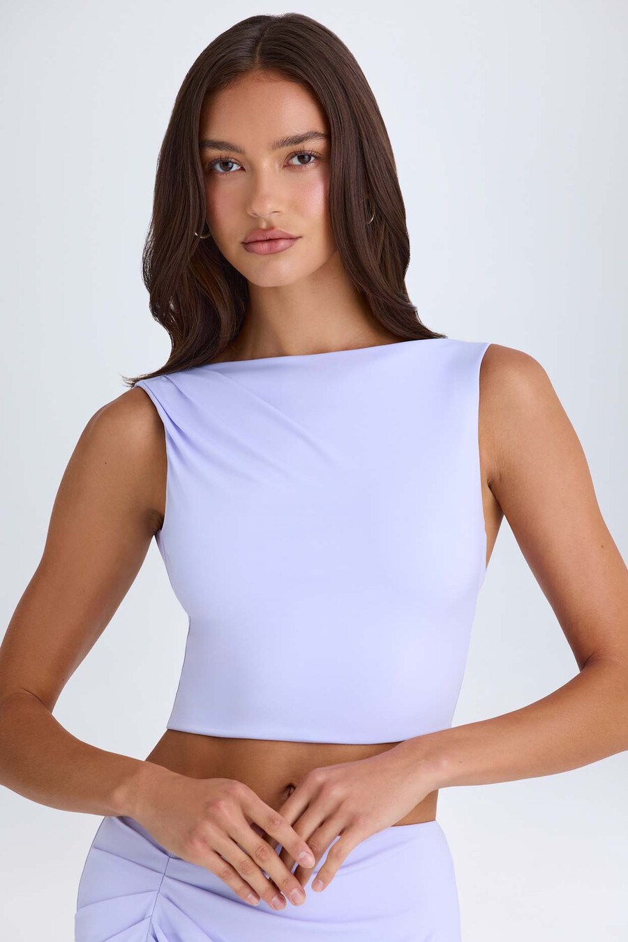gedrapeerde tanktop met open rug in zacht lila.
