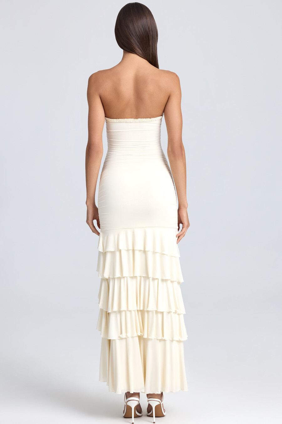 bandeau maxi-jurk met ruches en ruches in ivoor